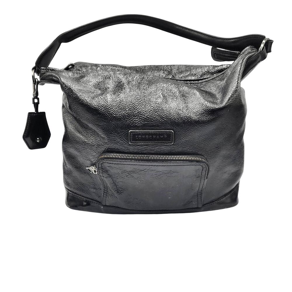 Longchamp Legende Verni Black Patent Leather Frame Satchel Shoulder Bag Large
